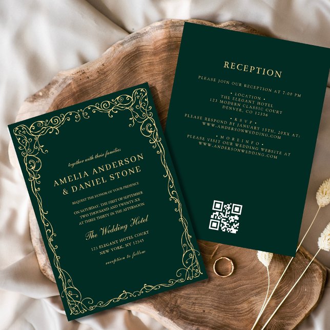 Convites Casamento Mínimo Dourado Emerald Green do Código Q (Criador carregado)