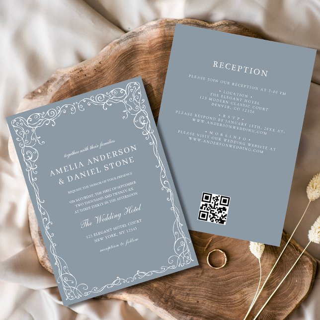 Convites Casamento Mínimo Elegante Azul Dusty com Código QR (Criador carregado)