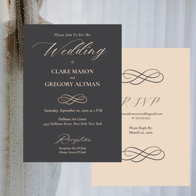 Convites Casamento Mínimo Elegante Com Cinza De Amêndoa Com (Elegant Minimalist Almond Gray Wedding With RSVP Invitation)