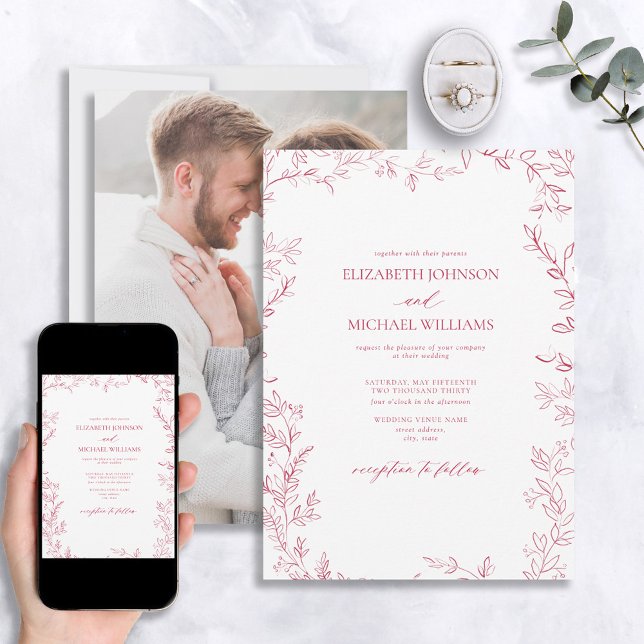Convites Casamento Mínimo Elegante de Foto Magenta Vivid (Criador carregado)