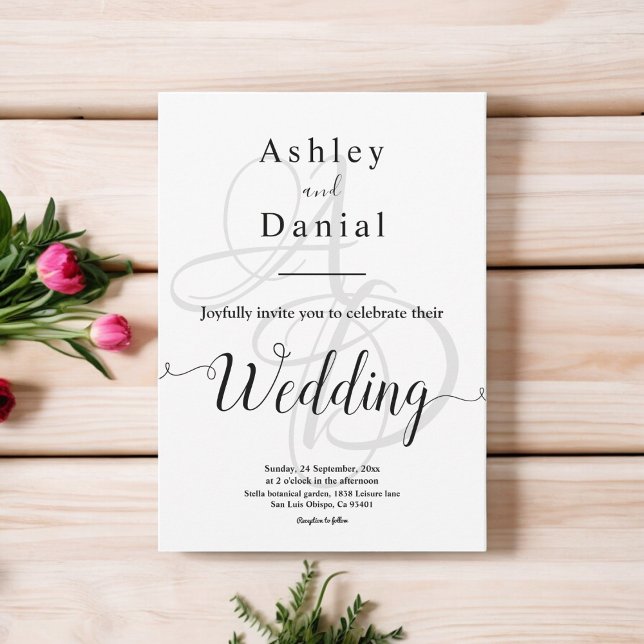 Convites Casamento Mínimo Elegante De Monograma Branco E Pr (Criador carregado)