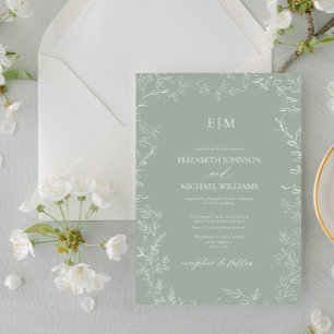 Convites Casamento Mínimo Elegante de Monograma Verde de F