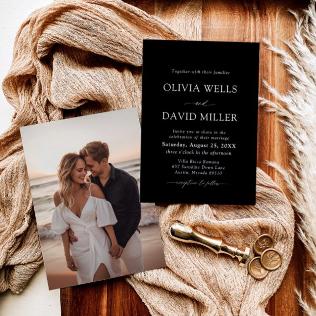 Convites Casamento Mínimo Elegante de Preto e Branco (Criador carregado)