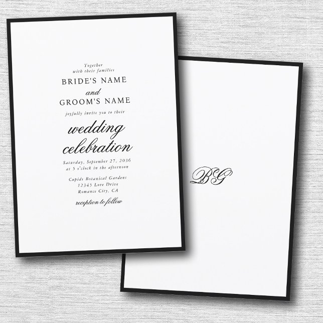 Convites Casamento Mínimo Elegante do Monograma Branco Negr (Elegant Minimalist Black White Monogram Wedding Invitation)