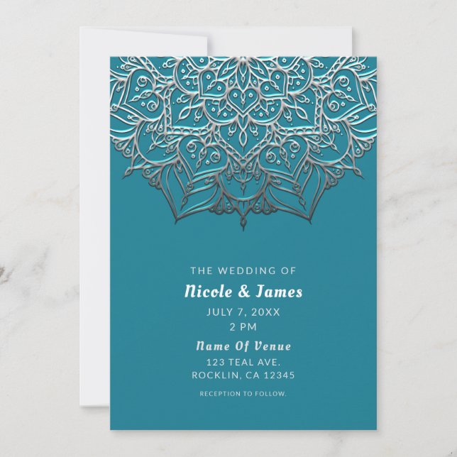 Convites Casamento Mínimo Elegante do Teal & Silver Mandala (Frente)