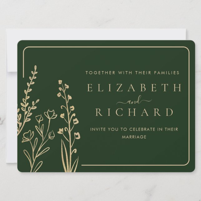 Convites Casamento Mínimo Elegante Dourado de Flor Verde (Frente)