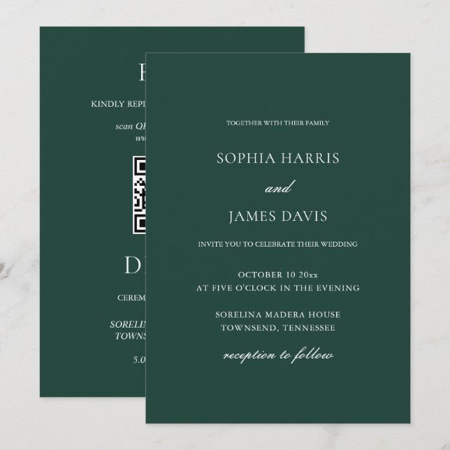 Convites Casamento Mínimo Elegante Emerald Verde Tudo em Um (Frente/Verso)