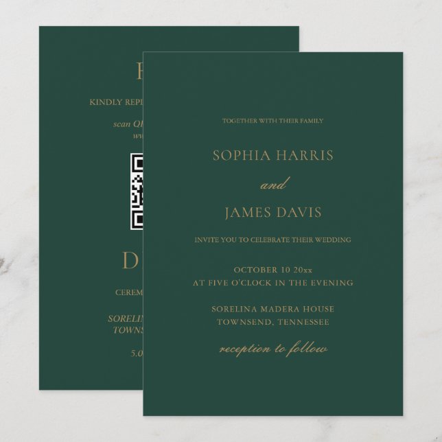 Convites Casamento Mínimo Elegante Emerald Verde Tudo em Um (Frente/Verso)