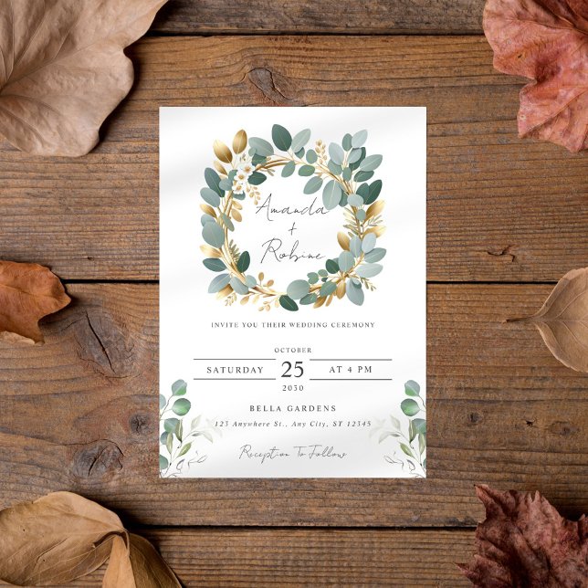 Convites Casamento Mínimo Eucalyptus & Gold Foil (Criador carregado)
