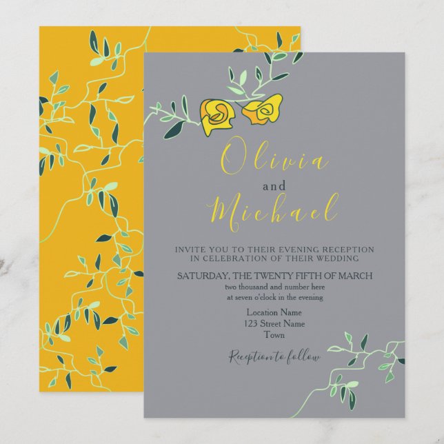 Convites Casamento Minimo Floral Amarelo e Cinza (Frente/Verso)