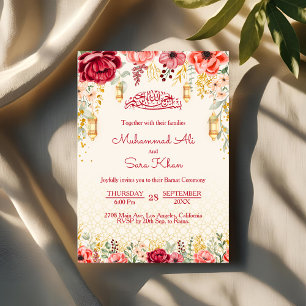 Convites Casamento Mínimo Floral Baraat Vermelho Muçulmano 