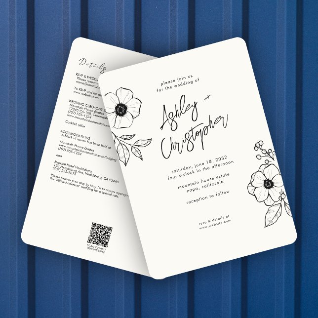 Convites Casamento Mínimo Floral Botânico Branco All-in-One (Criador carregado)