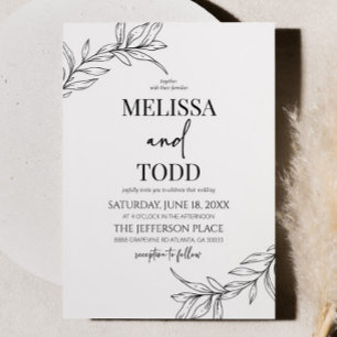 Convites Casamento Mínimo Minimalista de Folha Branca Negra