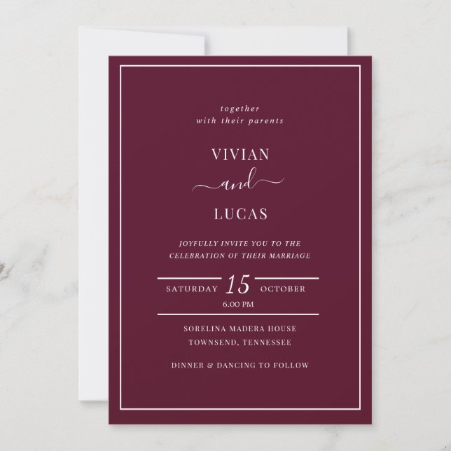 Convites Casamento Mínimo Moderno Burgundy (Frente)