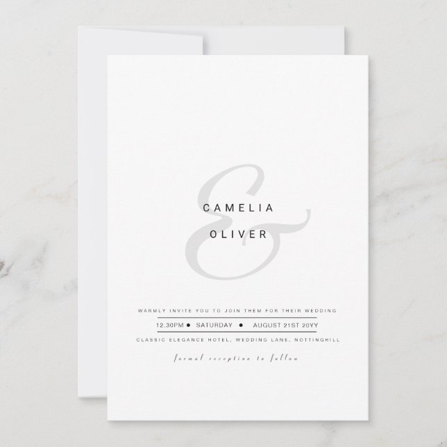 Convites Casamento Mínimo Moderno de Ampersand Branco Negro (Frente)