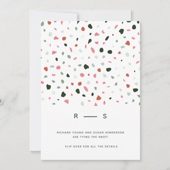 Convites Casamento Mínimo Moderno do Padrão Terrazzo Verde  (Frente)