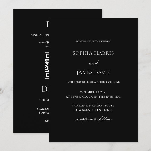 Convites Casamento Mínimo Negro Elegante Tudo em Um (Frente/Verso)