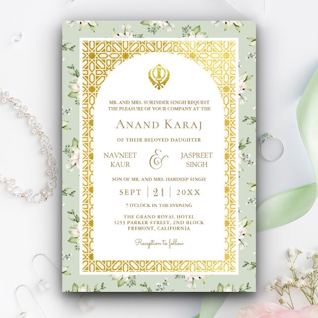Convites Casamento Mint Green Floral Anand Karaj Punjabi Si (Criador carregado)
