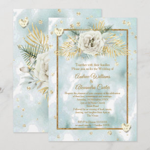 Convites Casamento Mint Teal Dourado marble Rosa Floral