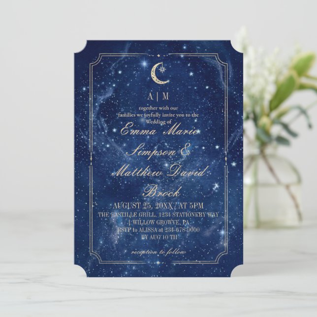 Convites Casamento Místico Azul Celestial   (Em pé/Frente)