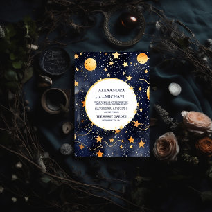 Convites Casamento Místico Azul e Dourado de Aquarela