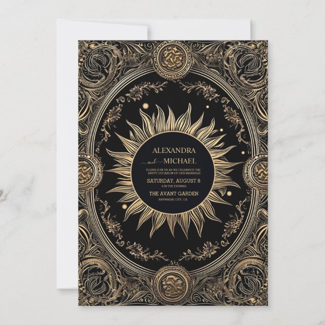 Convites Casamento Místico Celestial Preto e Dourado (Frente)