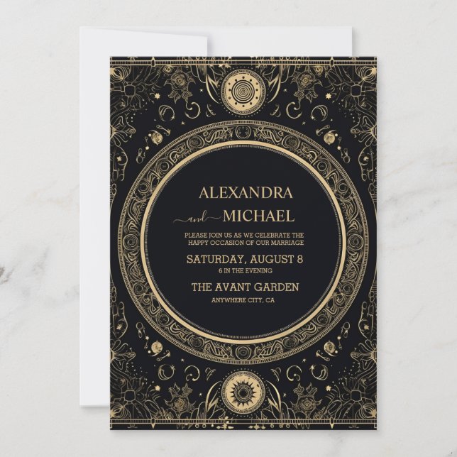 Convites Casamento Místico Celestial Preto e Dourado (Frente)