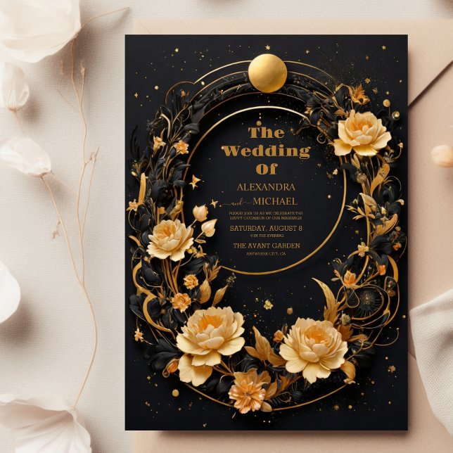 Convites Casamento Místico Celestial Preto e Dourado (Criador carregado)