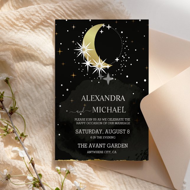 Convites Casamento Místico Celestial Preto e Dourado (Criador carregado)