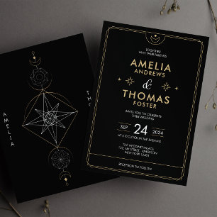 Convites Casamento Místico Celestial Preto e Dourado Modern