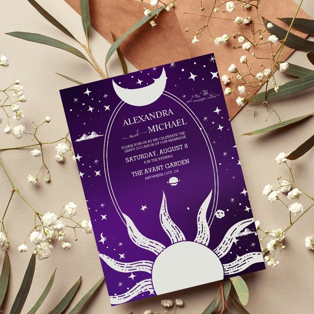 Convites Casamento Místico do Sol e da Lua Roxo (Criador carregado)