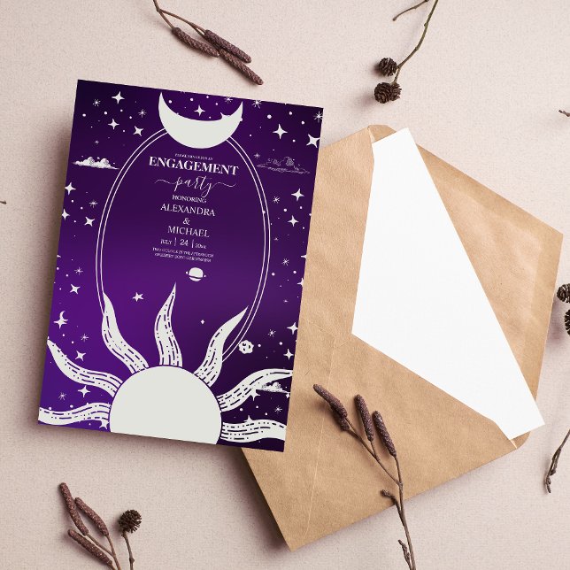 Convites Casamento Místico do Sol e da Lua Roxo e Prata (Criador carregado)