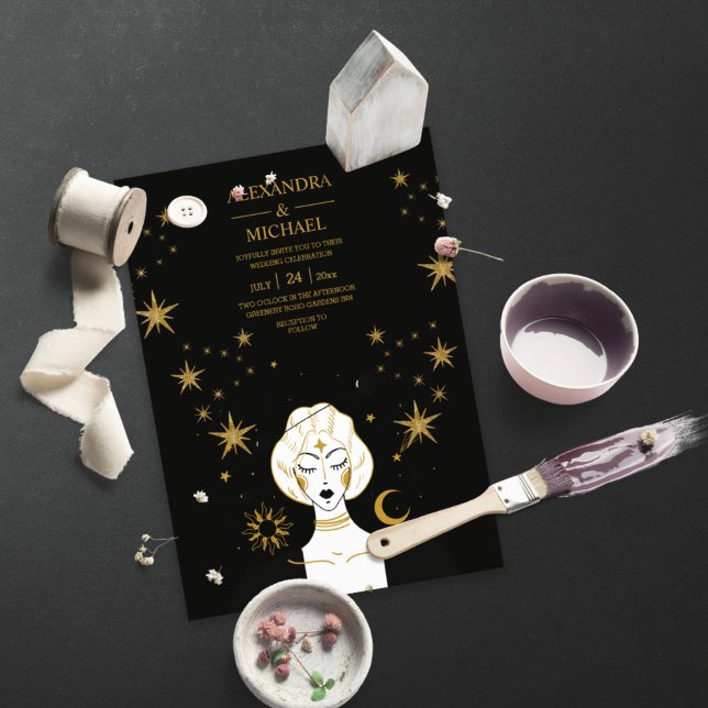 Convites Casamento Místico Lua Celestial Dourado Preto  (Criador carregado)
