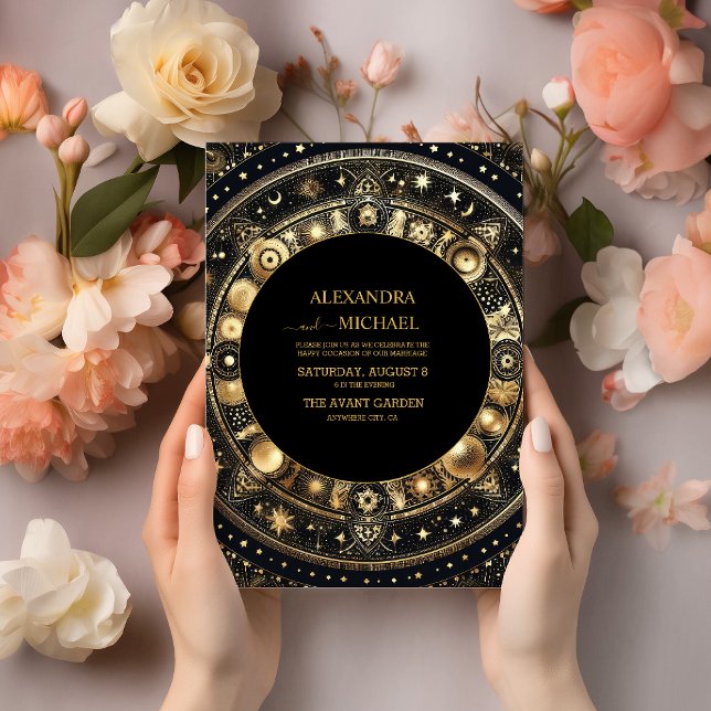 Convites Casamento Místico Preto Dourado Sol Lua (Criador carregado)