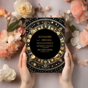 Convites Casamento Místico Preto Dourado Sol Lua