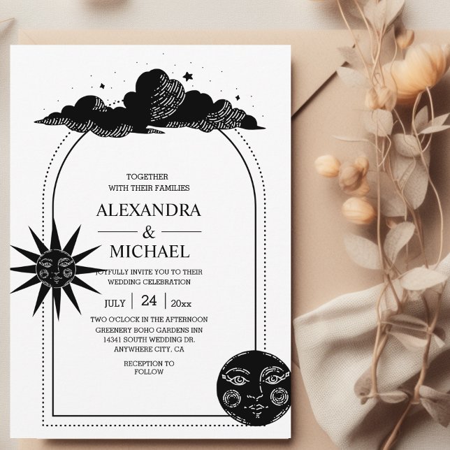 Convites Casamento Místico Preto e Branco Estrelas Celestia (Criador carregado)