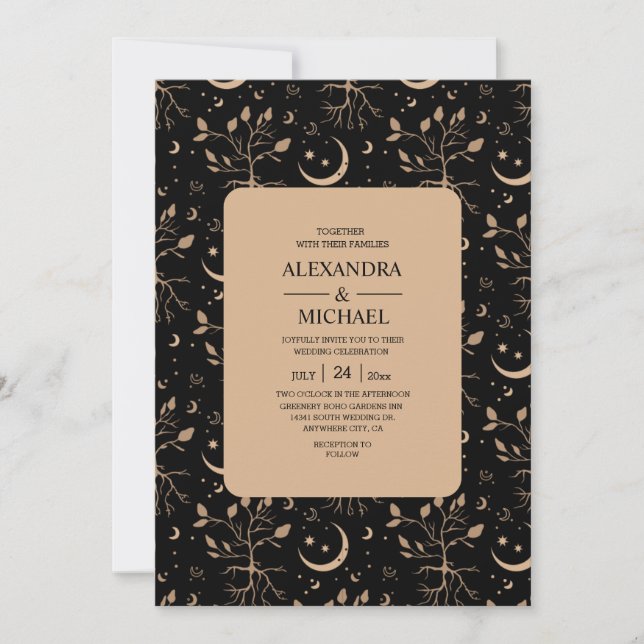 Convites Casamento Místico Preto e Branco Estrelas Celestia (Frente)