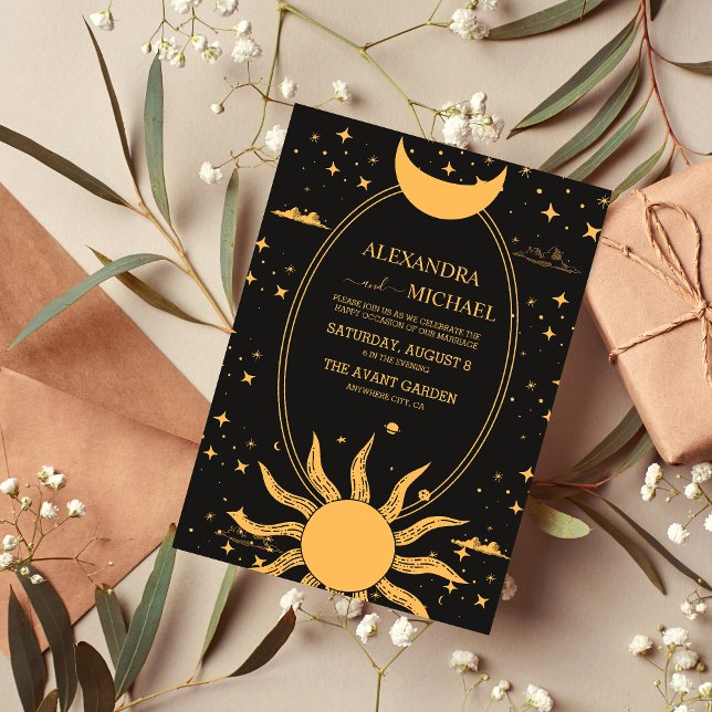 Convites Casamento Místico Preto e Dourado Sol Lua (Criador carregado)