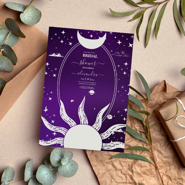 Convites Casamento Místico Roxo e Prata Sol Lua (Criador carregado)