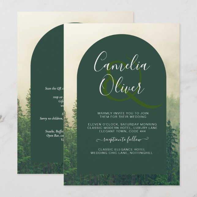 Convites Casamento Misty Green Forest Pine Trees (Frente/Verso)
