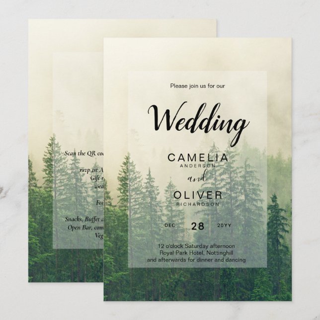Convites Casamento Misty Green Forest Pine Trees (Frente/Verso)