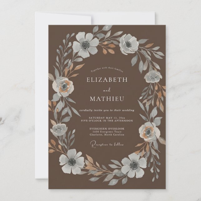 Convites Casamento Mocha Silver Wreath (Frente)