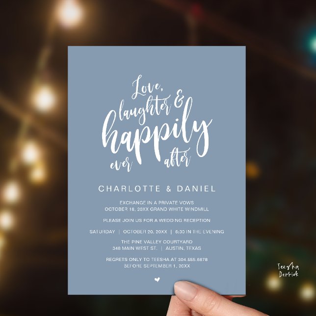 Convites Casamento Modernamente Rústico Felizes para Sempre (Modern Rustic Script Love Laughter and Happily Ever After Wedding Invitation Card in Dusty Blue)