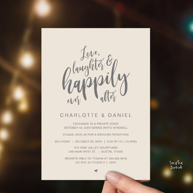 Convites Casamento Modernamente Rústico Felizes para Sempre (Modern Rustic Script Love Laughter and Happily Ever After Wedding Invitation Card in Cream Grey)