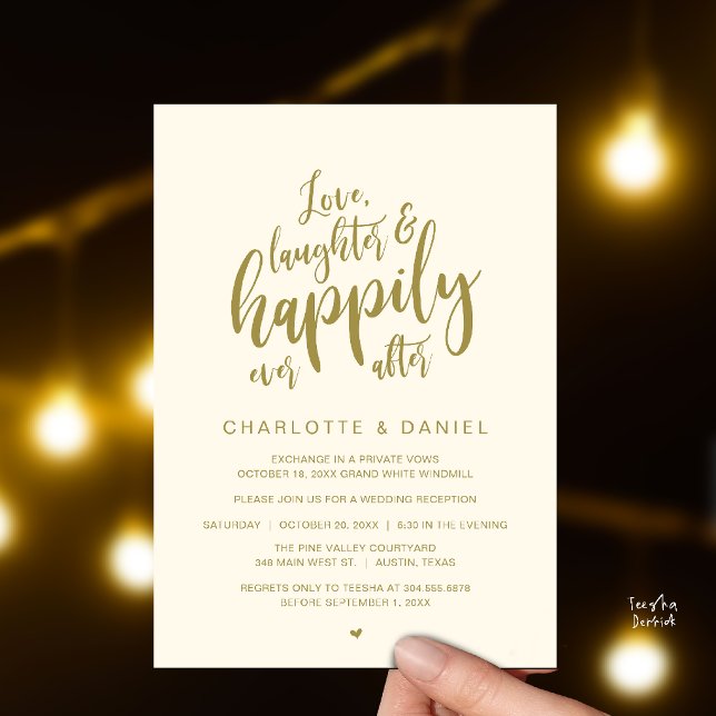 Convites Casamento Modernamente Rústico Felizes para Sempre (Modern Rustic Script Love Laughter and Happily Ever After Wedding Invitation Card in Gold Cream)