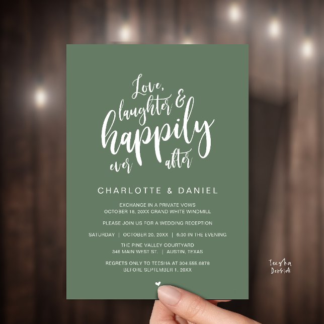 Convites Casamento Modernamente Rústico Felizes para Sempre (Modern Rustic Script Love Laughter and Happily Ever After Wedding Invitation Card in Sage Green)