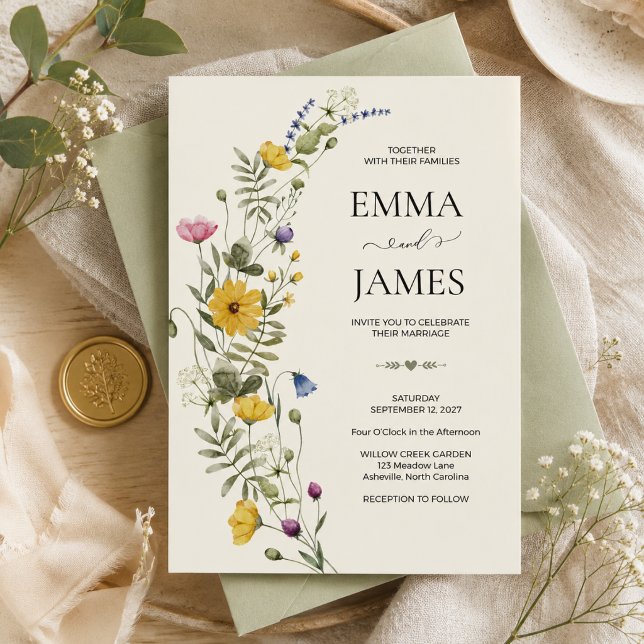 Convites Casamento Modernista de Prado com Flores Silvestre (Modern Wildflower, Meadow, Botanical Boho, Garden, Romantic, Floral, Watercolor, Nature wedding)