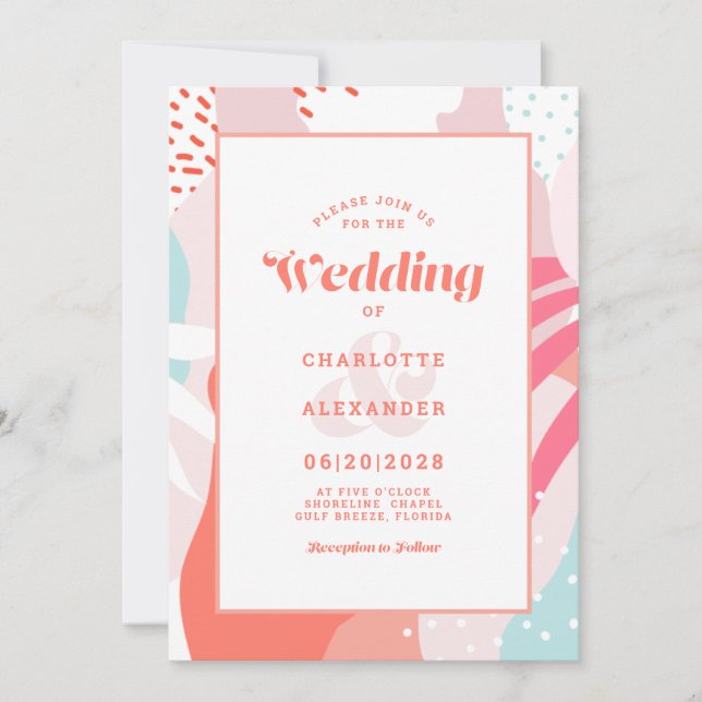 Convites Casamento Moderno Abstrato Artístico em Coral e Az (Frente)