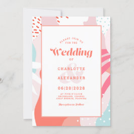 Convites Casamento Moderno Abstrato Artístico em Coral e Az