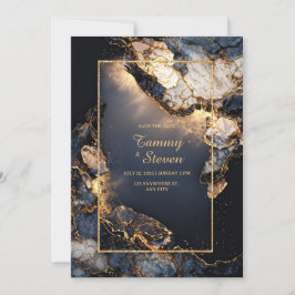 Convites Casamento Moderno Abstrato Escuro Geodo Dourado Na